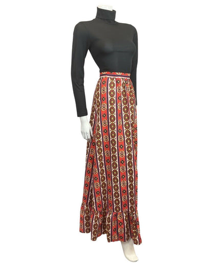 VINTAGE 70s RED BLUE WHITE STRIPED FLORAL BOHO FOLK RUFFLED MAXI SKIRT 8 10