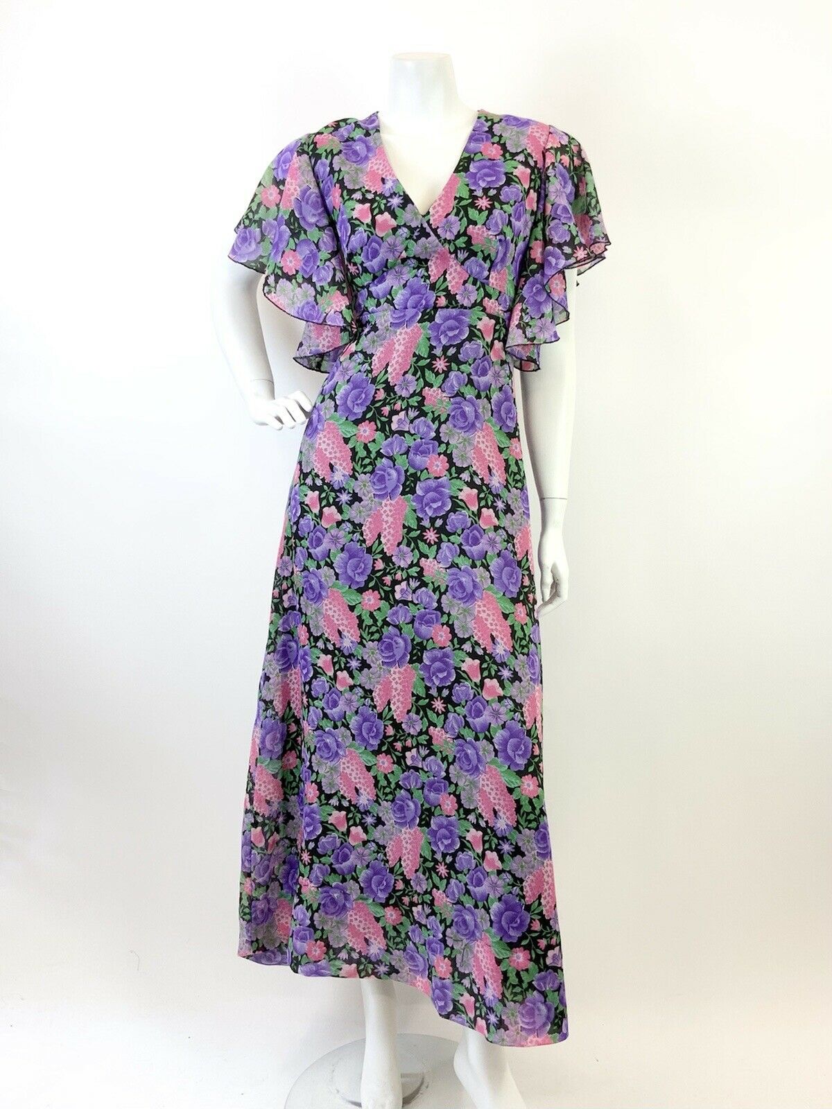 VINTAGE 60s 70s PURPLE PINK BLACK FLORAL SHEER CAPE SLEEVE MAXI DRESS 8 10