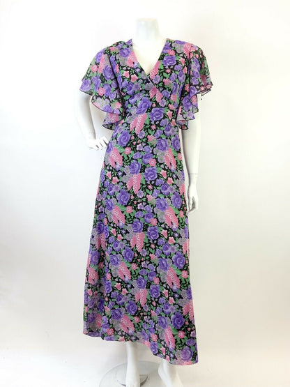 VINTAGE 60s 70s PURPLE PINK BLACK FLORAL SHEER CAPE SLEEVE MAXI DRESS 8 10