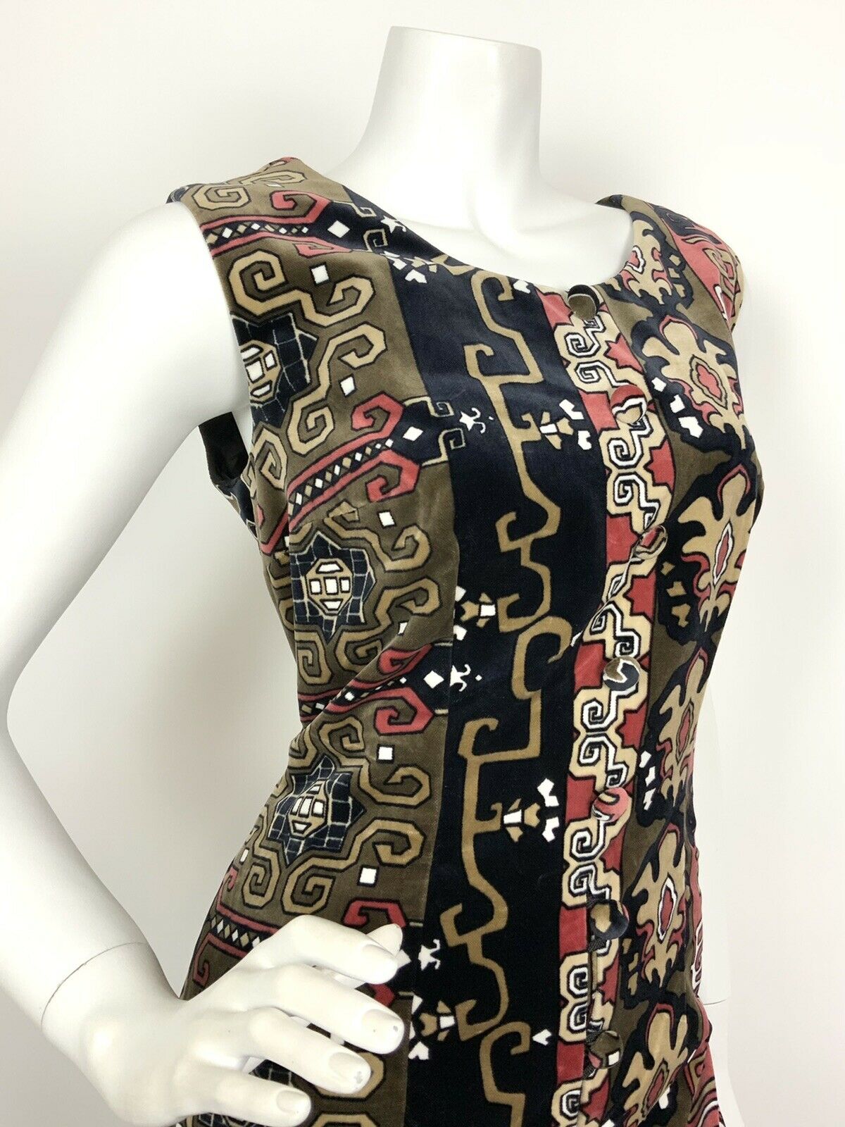 VINTAGE 60s 70s BLACK BROWN RED BEIGE GEOMETRIC AZTEC VELVET MAXI DRESS 10 12