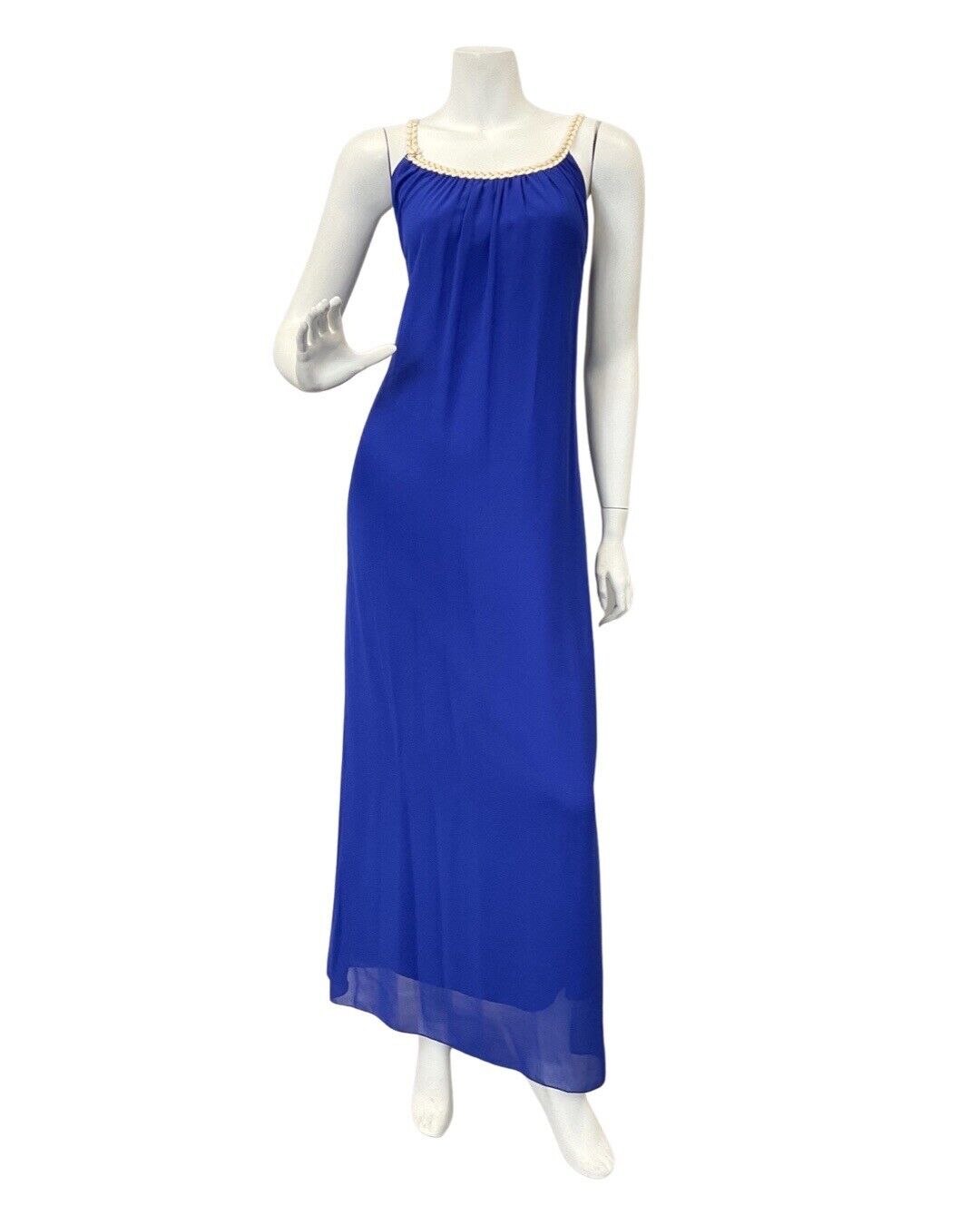 VINTAGE 60s 70s ROYAL BLUE CREAM GOLD BRAIDED STRAPPY SUMMER MAXI DRESS 14 16