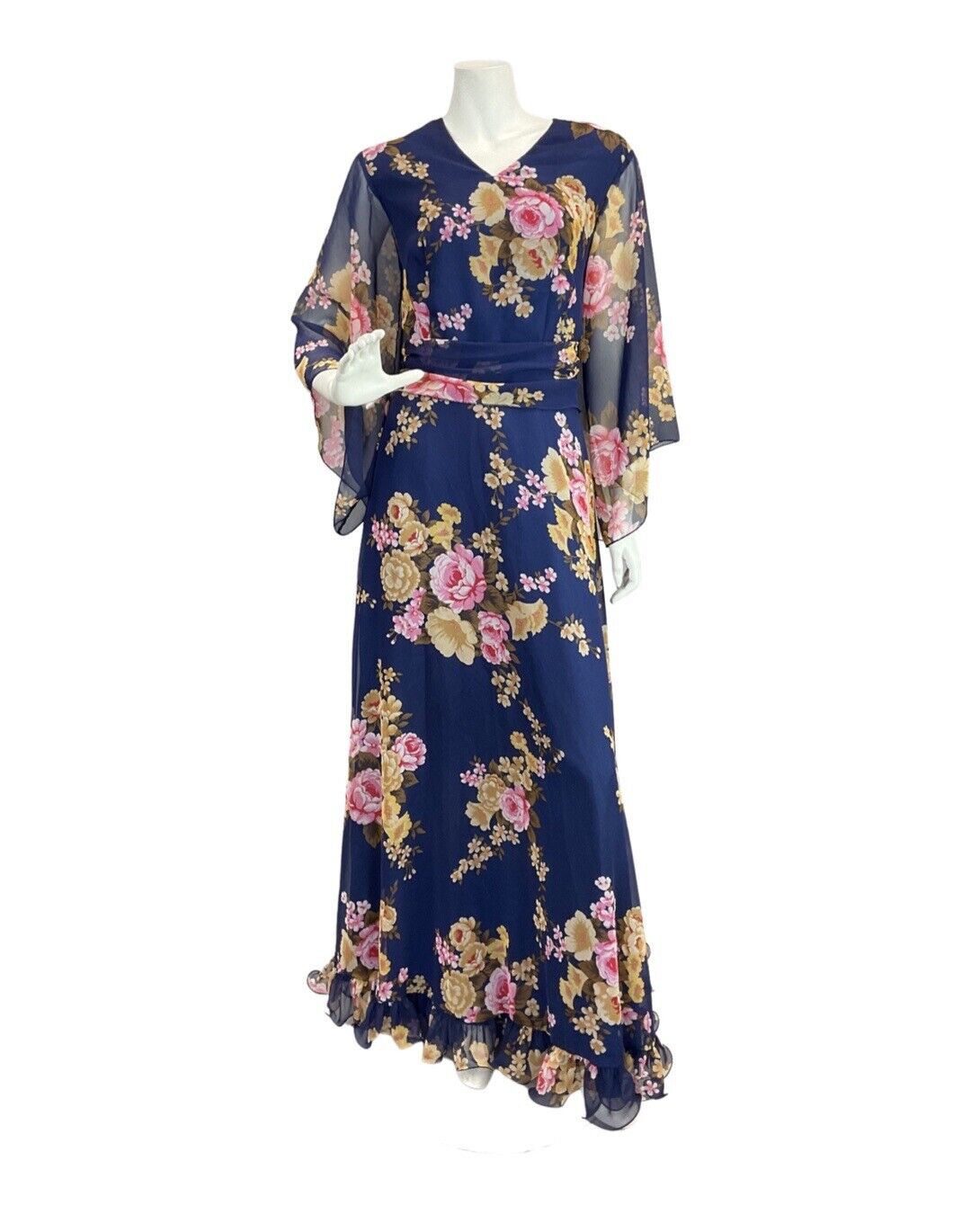 VINTAGE 60s 70s BLUE GOLD PINK FLORAL SHEER ANGEL SLEEVE FOLK BOHO MAXI DRESS 12