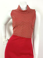 VTG 60s 70s MOD BRIGHT RED GOLD STRIPED ROLL NECK FESTIVE DISCO MAXI DRESS 8