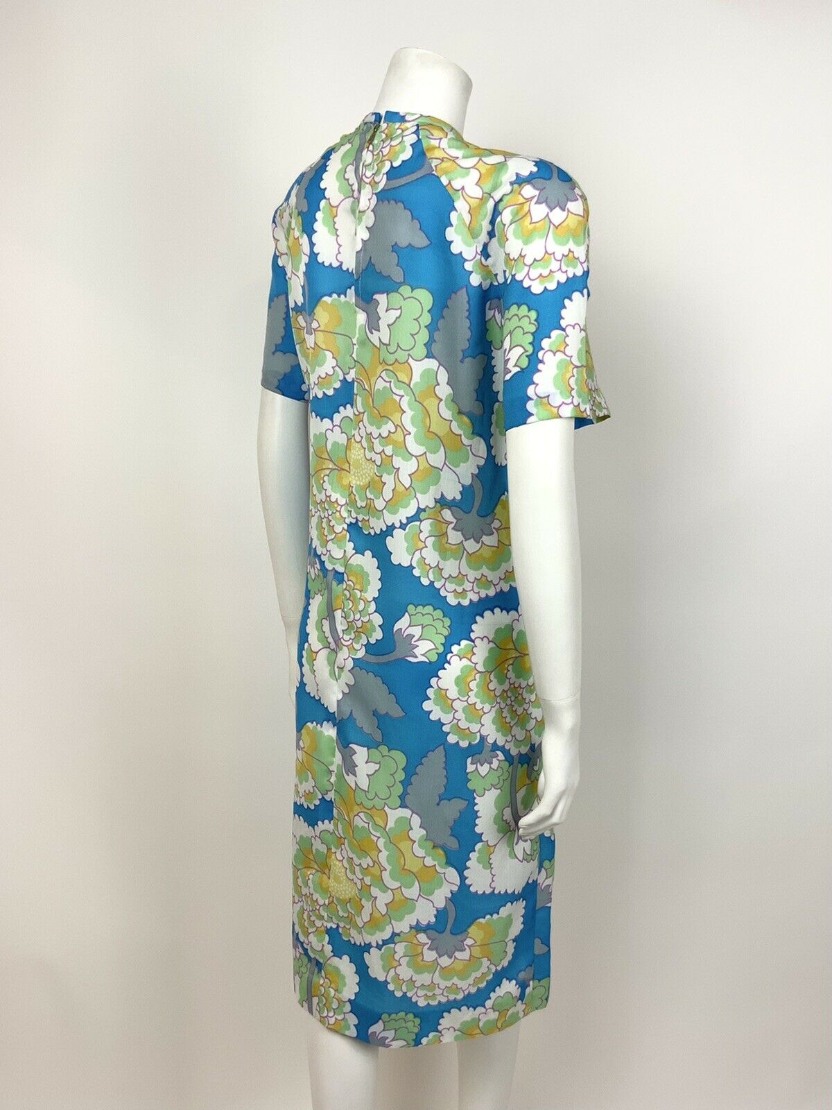 VINTAGE 60s 70s BLUE GREEN WHITE YELLOW FLORAL PSYCH TENT SHIFT DRESS 14 16