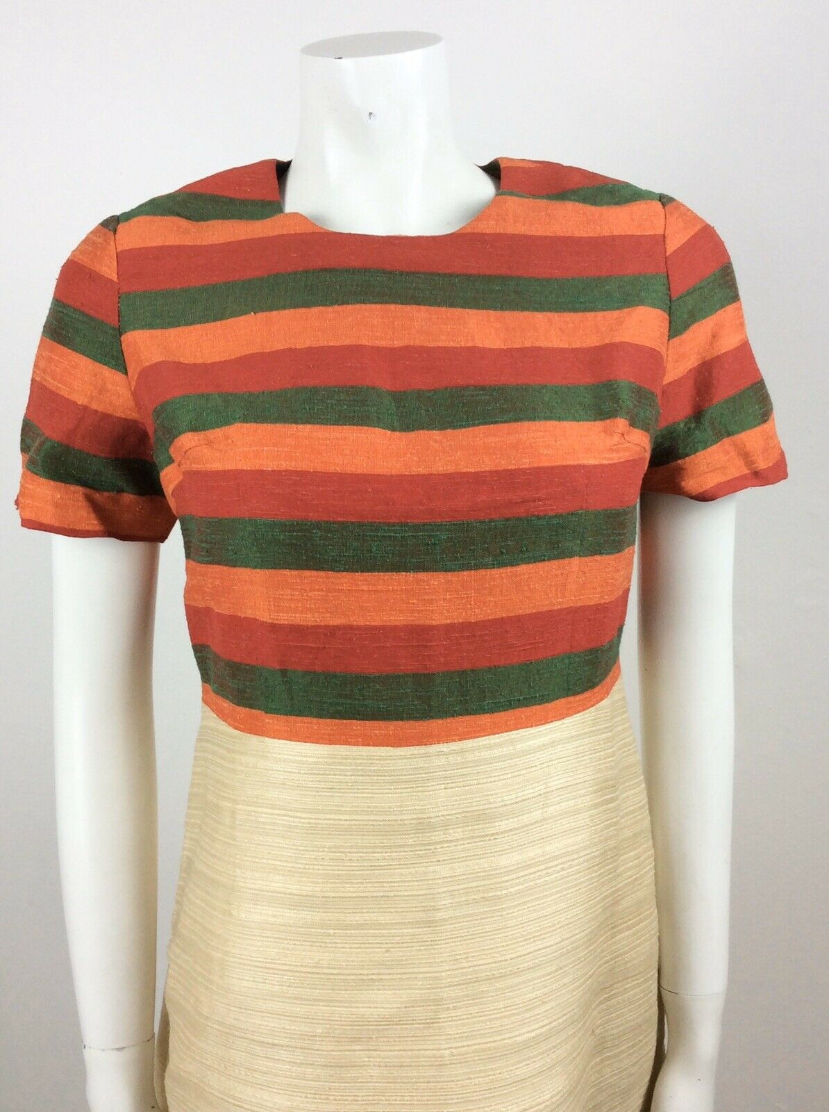 VTG 60S GREEN, RED, ORANGE CREAM STRIPED PREPPY VINTAGE DRESS