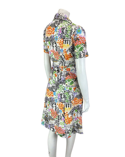 VINTAGE 60s 70s WHITE BLACK ORANGE FLORAL LEAFY BANDSTAND MOD SHIRT DRESS 12