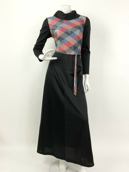 VTG 60s 70s BLACK RED ORANGE SILVER BLUE LUREX DIAMOND CHECK MAXI DRESS 10