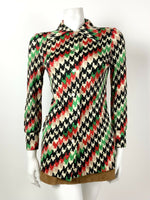 VINTAGE 60s 70s BLACK WHITE GREEN RED HOUNDSTOOTH STRIPED MOD DAGGER SHIRT 10 12