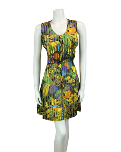 VINTAGE 60s 70s YELLOW GREEN ORANGE FLORAL PRINT MINI DRESS 12