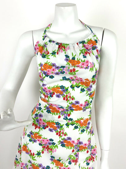 VINTAGE 60s 70s WHITE PINK ORANGE PURPLE GREEN FLORAL DAISY HALTER MINI DRESS 12