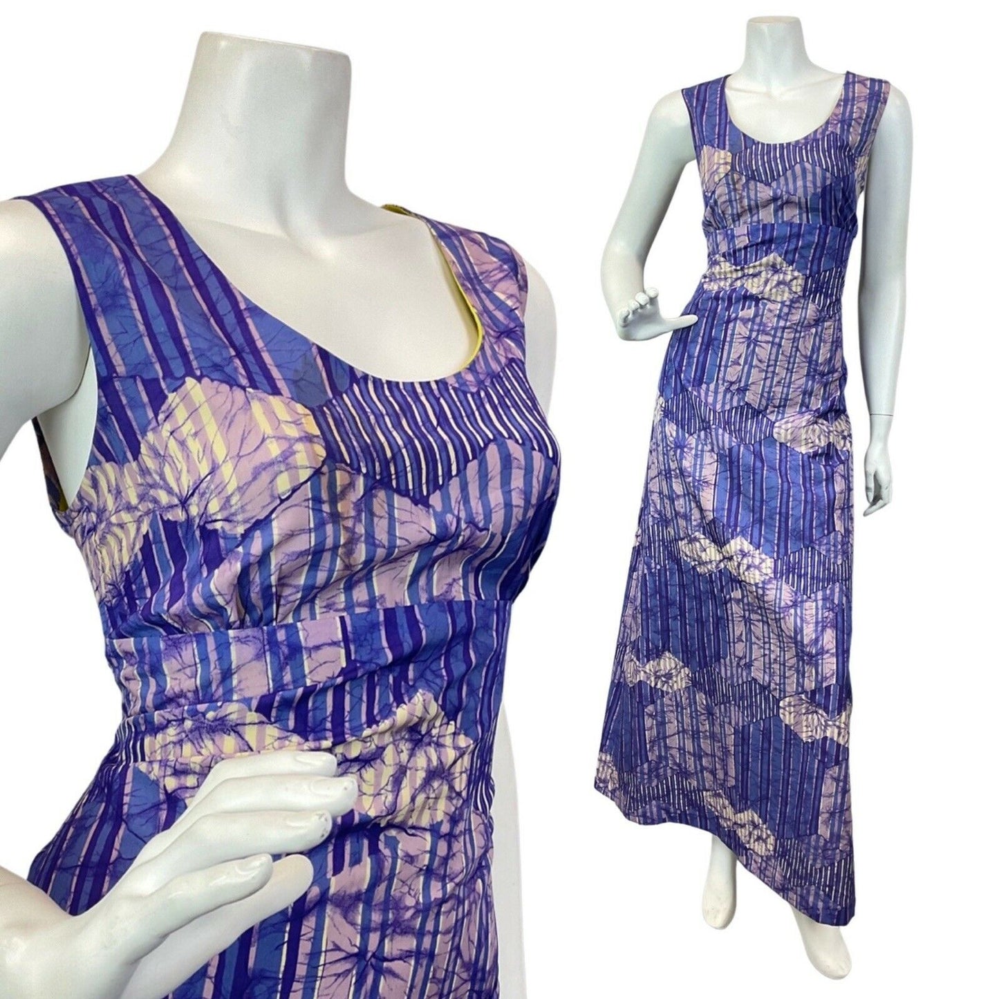 VINTAGE 60s 70s PURPLE BLUE CREAM STRIPED FLORAL ABSTRACT MAXI DRESS 10