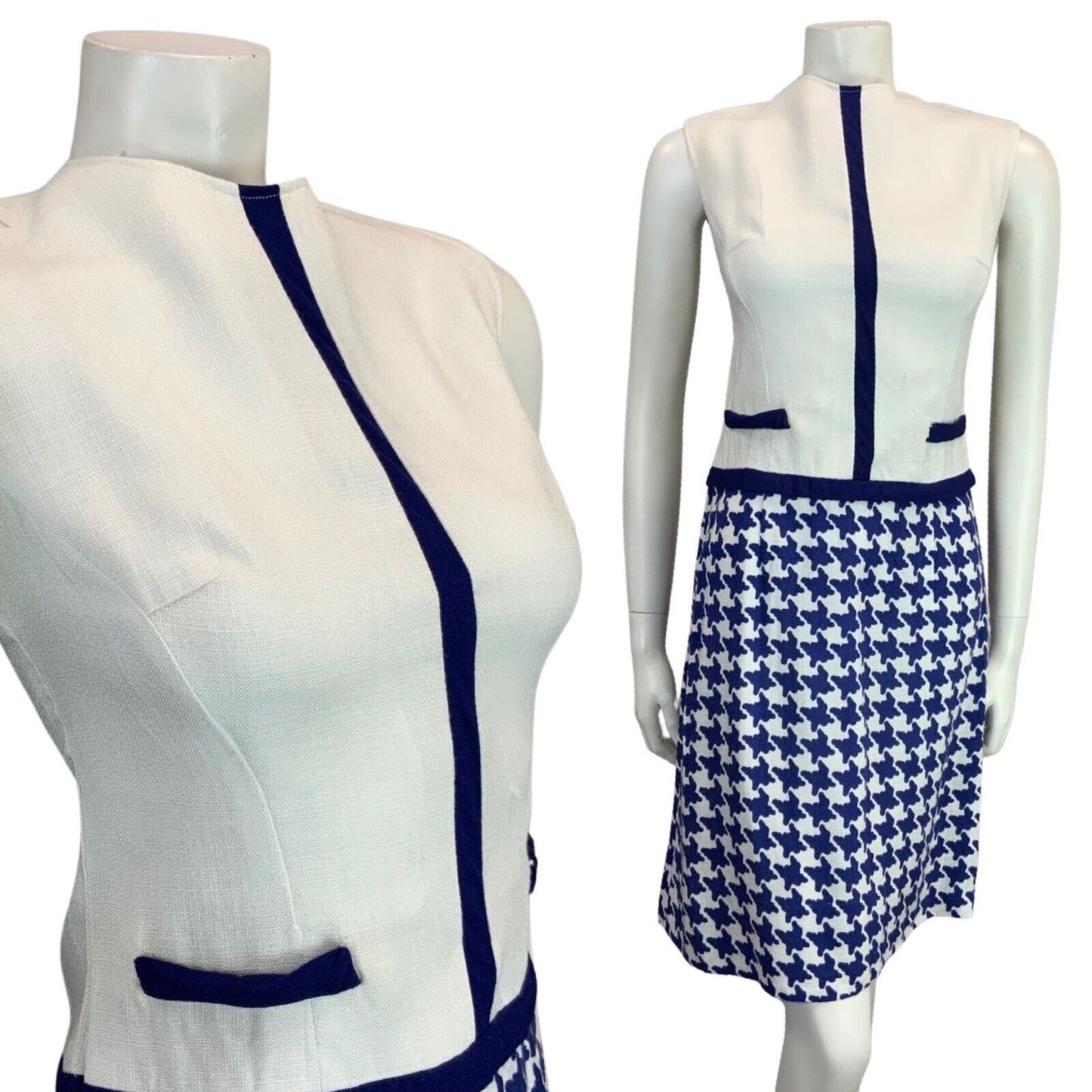 VINTAGE 60S BLUE WHITE MOD PATTERNED CHECKED HOUNDSTOOTH DRESS 8