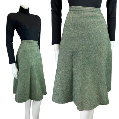 VINTAGE 60s 70s GREEN TWEED BOUCLE WOOL SWING MIDI SKIRT 8