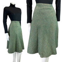 VINTAGE 60s 70s GREEN TWEED BOUCLE WOOL SWING MIDI SKIRT 8