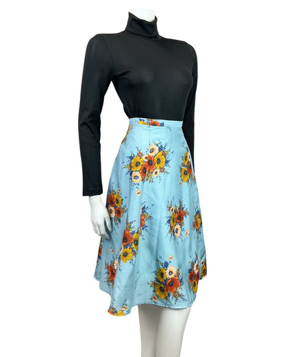 VINTAGE 60s 70s BLUE RED GOLD FLORAL POPPY BOUQUET SWING FLARED MIDI SKIRT 8 10