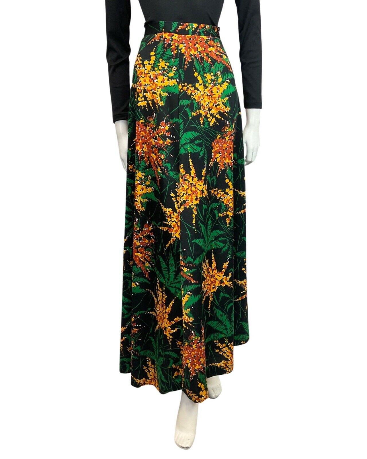 VINTAGE 60s 70s BLACK YELLOW GREEN FLORAL FERN LEAF MOD MAXI SKIRT 8