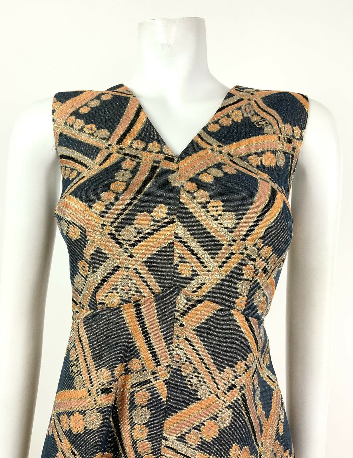 VTG 60s GREY ORANGE SILVER GOLD BLACK GLITTER GEOMETRIC FLORAL DRESS 14 16