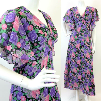 VINTAGE 60s 70s PURPLE PINK BLACK FLORAL SHEER CAPE SLEEVE MAXI DRESS 8 10