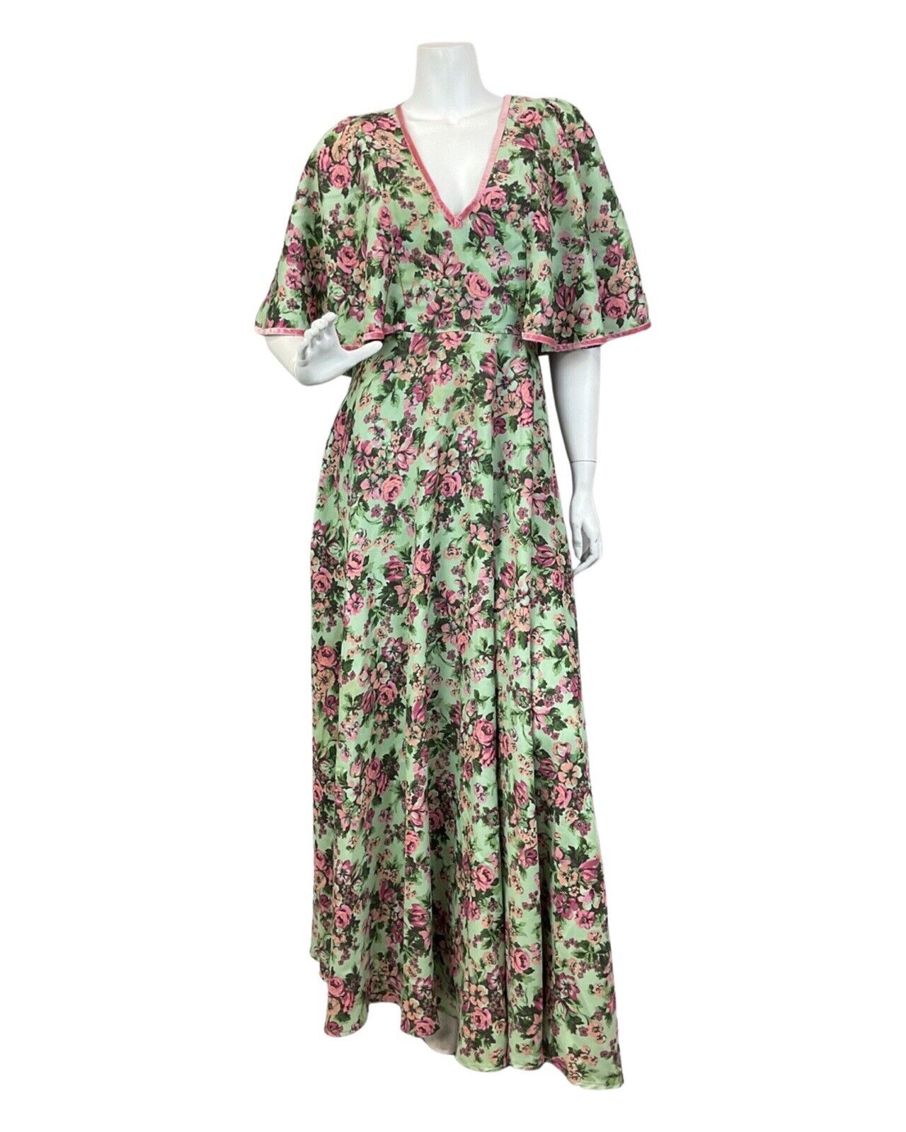 VINTAGE 60s 70s GREEN PINK ROSE FLORAL CAPE SLEEVE BOHO SUMMER MAXI DRESS 8 10