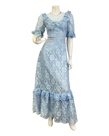 VINTAGE 60s 70s BABY BLUE FLORAL LACE RUFFLED PRAIRIE BOHO MAXI DRESS 8