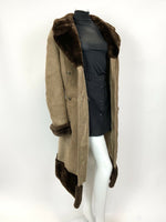 VINTAGE 60s 70s CAMEL BROWN SUEDE SHEARLING DOUBLE-BREASTED LONG COAT 16 18