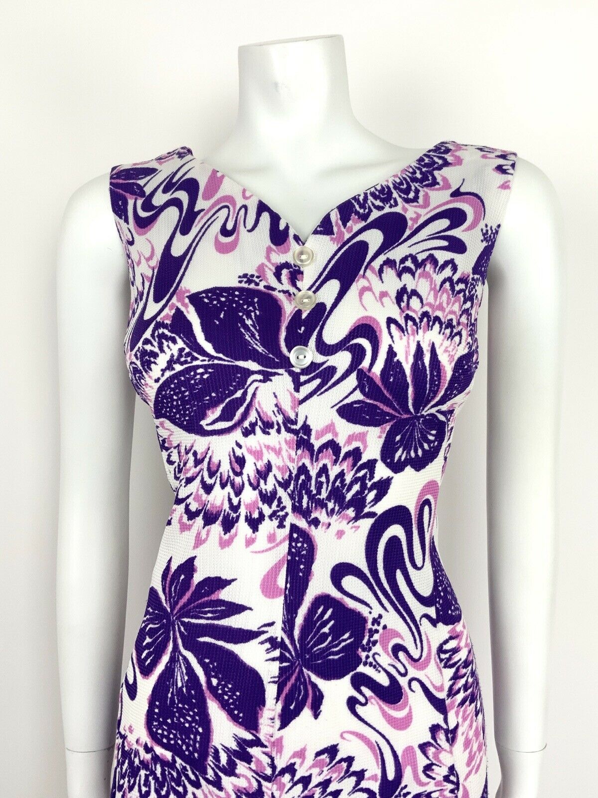 VINTAGE 60s 70s PSYCHEDELIC FLORAL PURPLE PINK WHITE SWEETHEART SUMMER DRESS 16