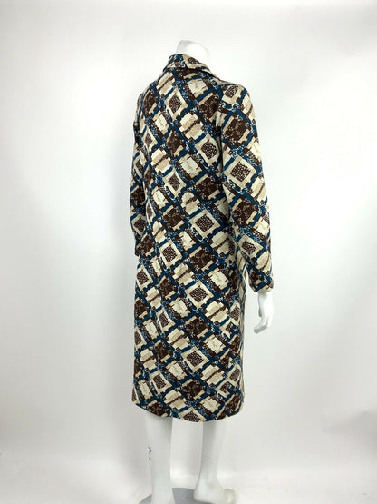 VINTAGE 60s 70s WHITE BROWN BLUE BEIGE GEOMETRIC PLAID SHIRT DRESS 14 16