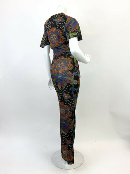 VTG 60s 70s BLACK MULTICOLOURED FLORAL STRIPED BELL SLEEVE MOD MAXI DRESS 10 12