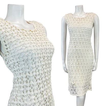 VINTAGE 60s 70s WHITE CROCHET KNITTED SLEEVELESS MOD SUMMER DRESS 10 12