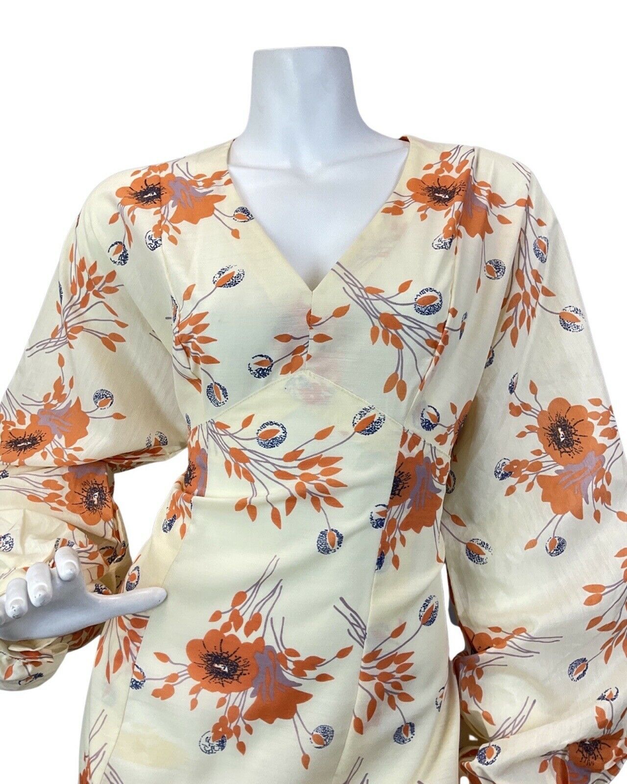 VINTAGE 60s 70s CREAM ORANGE FLORAL PUFF SLEEVE BOHO PRAIRIE MAXI DRESS 12 14