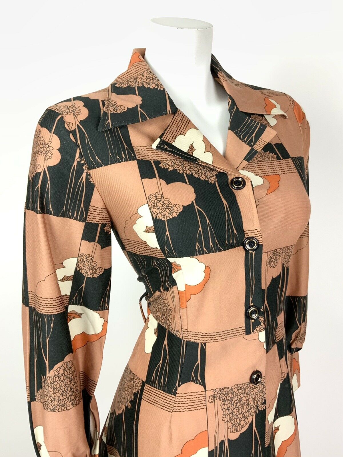 VINTAGE 60s 70s BROWN BLACK WHITE ORANGE TREE LEAF SQUARE DAGGER SHIRT DRESS 14