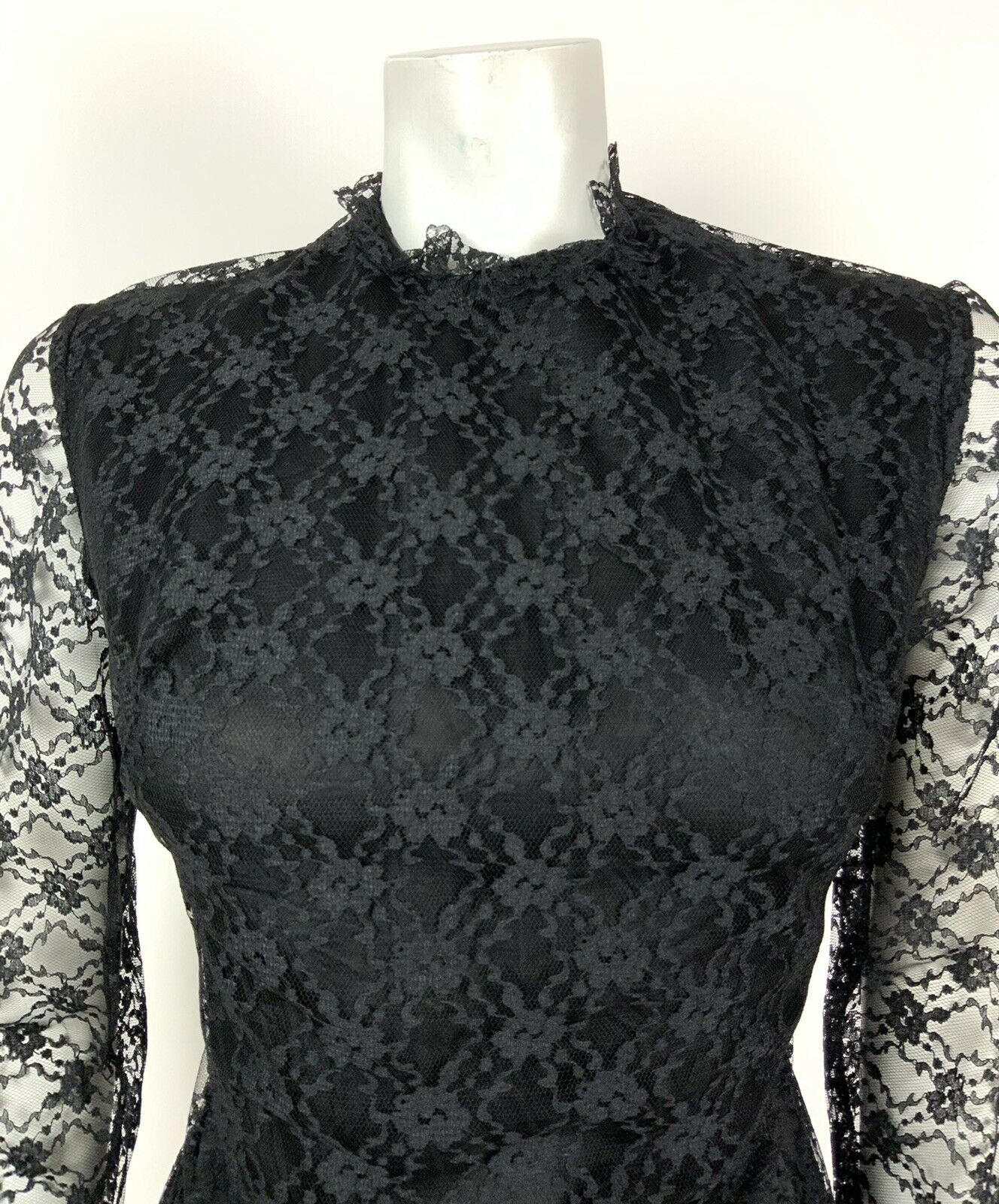 VINTAGE 60s 70s MOD BLACK FLORAL LACE RUFFLE COVEN GYPSY SHORT DRESS 8