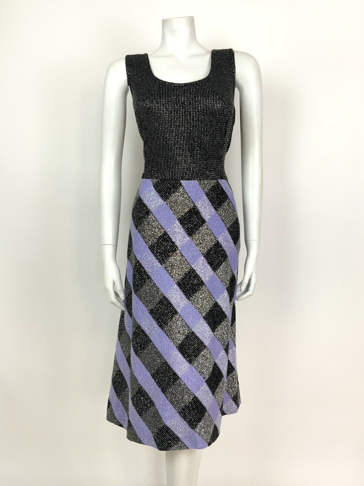 VINTAGE 60s 70s BLACK PURPLE SILVER LUREX CHECKED DISCO PARTY DRESS 10 12