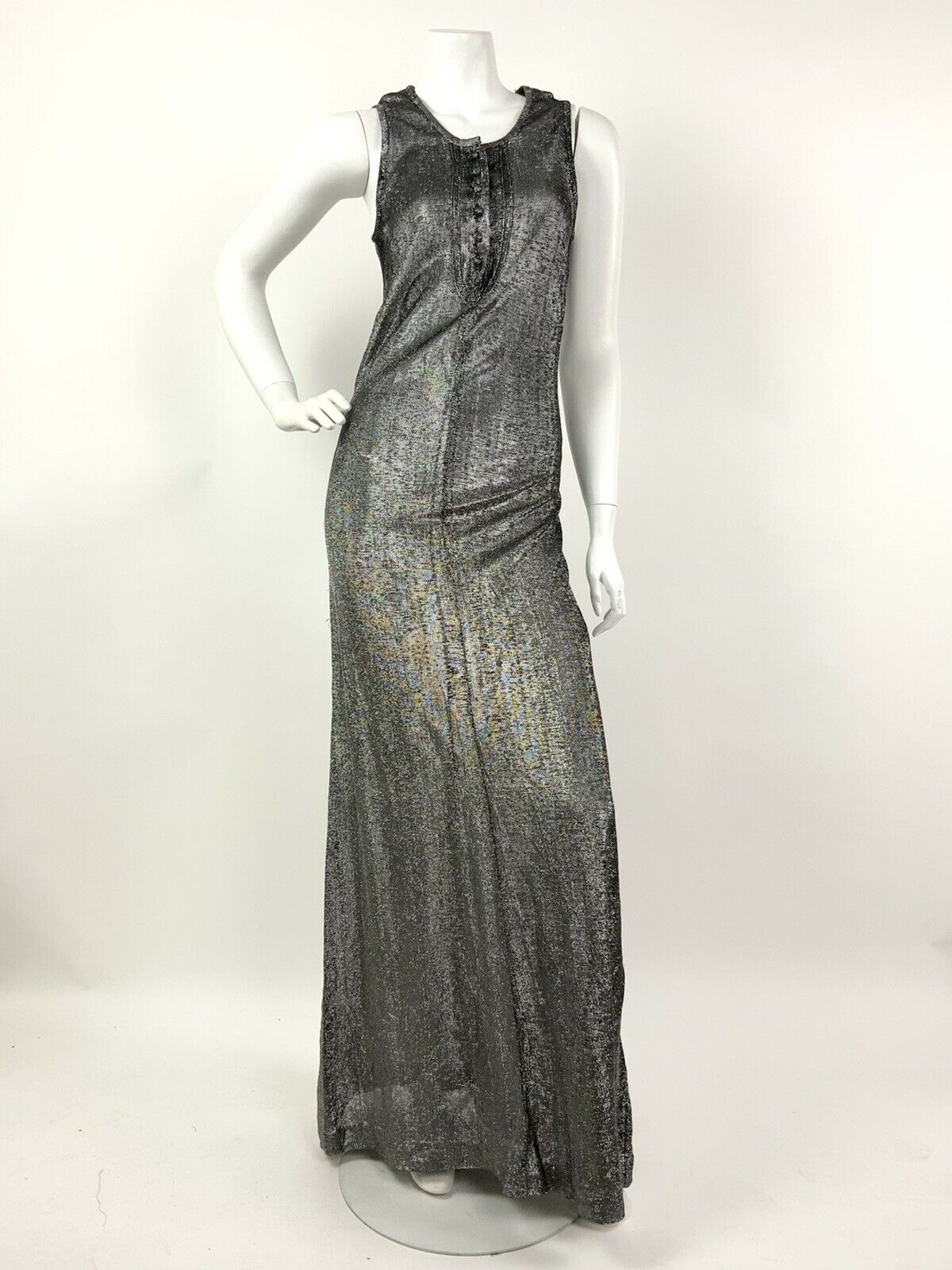 VTG 60s 70s SILVER LUREX GLITTER STUDIO 54 DISCO GLAM SLEEVELESS MAXI DRESS 6