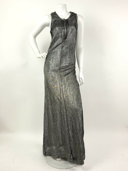 VTG 60s 70s SILVER LUREX GLITTER STUDIO 54 DISCO GLAM SLEEVELESS MAXI DRESS 6