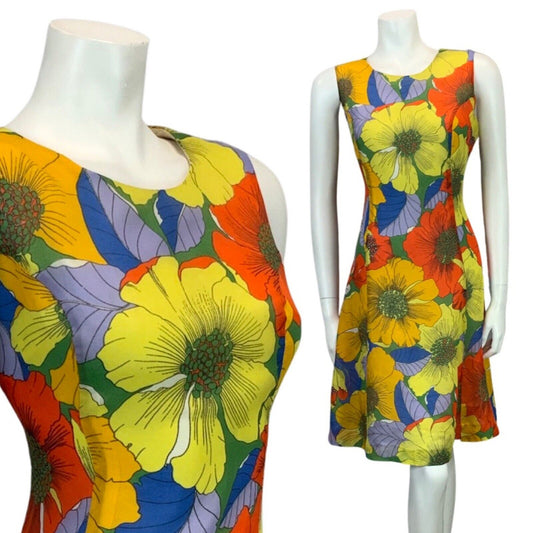 VINTAGE YELLOW ORANGE BLUE GREEN FLORAL PRINT FLOATY MIDI DRESS 14