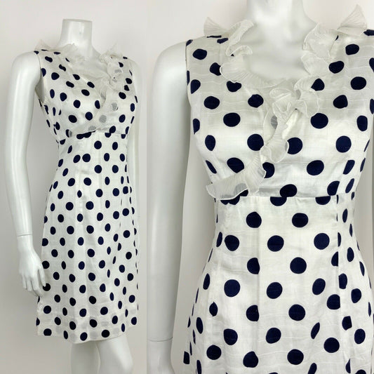 VTG 60s 70s NAVY BLUE WHITE POLKA DOT FLOUNCE RUFFLE EMPIRE MOD DRESS 10 12