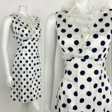 VTG 60s 70s NAVY BLUE WHITE POLKA DOT FLOUNCE RUFFLE EMPIRE MOD DRESS 10 12