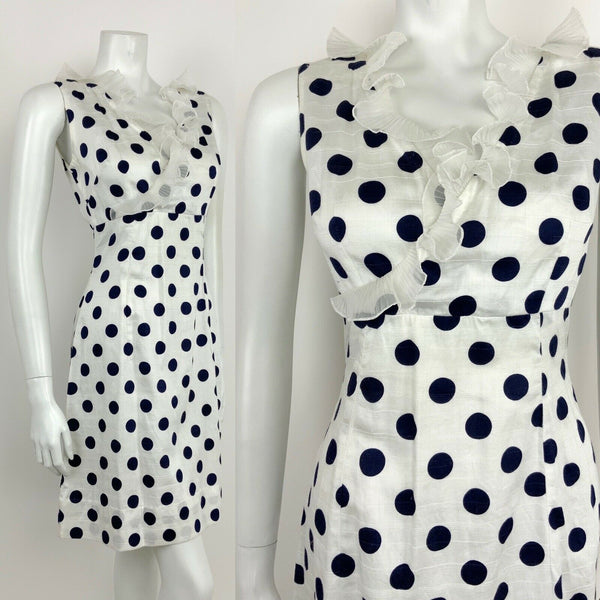 VTG 60s 70s NAVY BLUE WHITE POLKA DOT FLOUNCE RUFFLE EMPIRE MOD DRESS 10 12