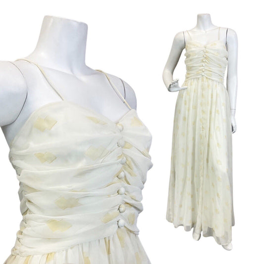 VINTAGE 70s WHITE GOLD SHEER SPAGHETTI STRAP EVENING GOWN MAXI DRESS 8