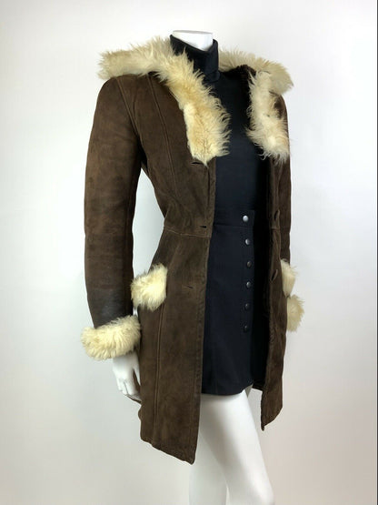 VTG 60s 70s BROWN CREAM SUEDE LEATHER SHEARLING BOHO PENNY LANE COAT 10 12