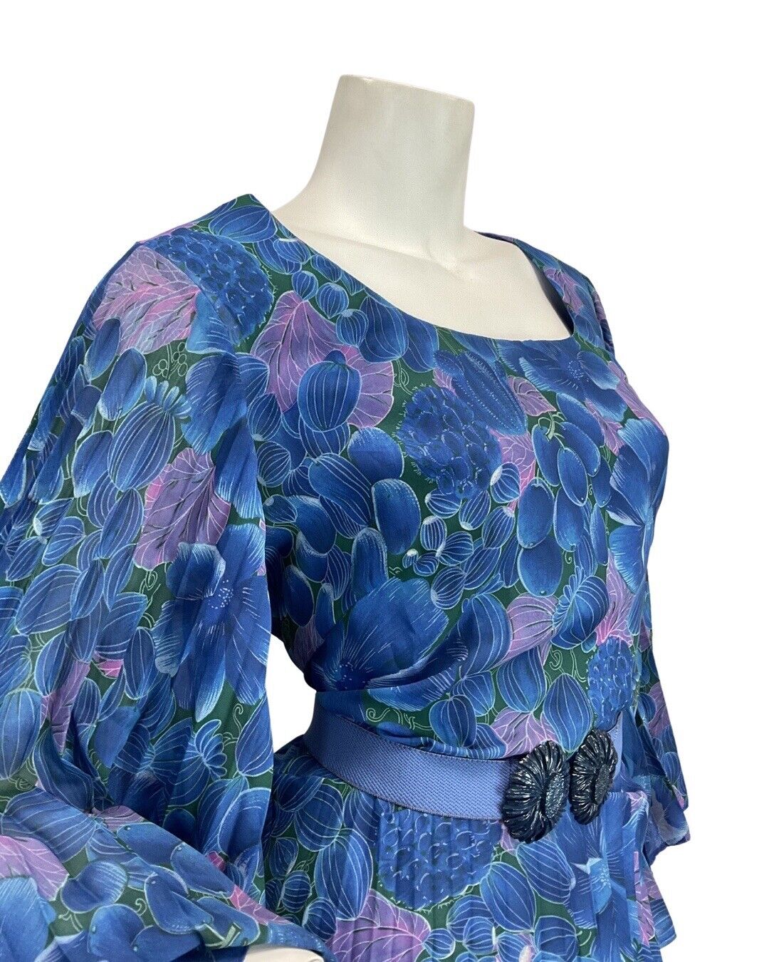 VINTAGE 60s 70s BLUE PURPLE FLORAL LEAFY BOHO MOD PLEATED MAXI DRESS 12 14