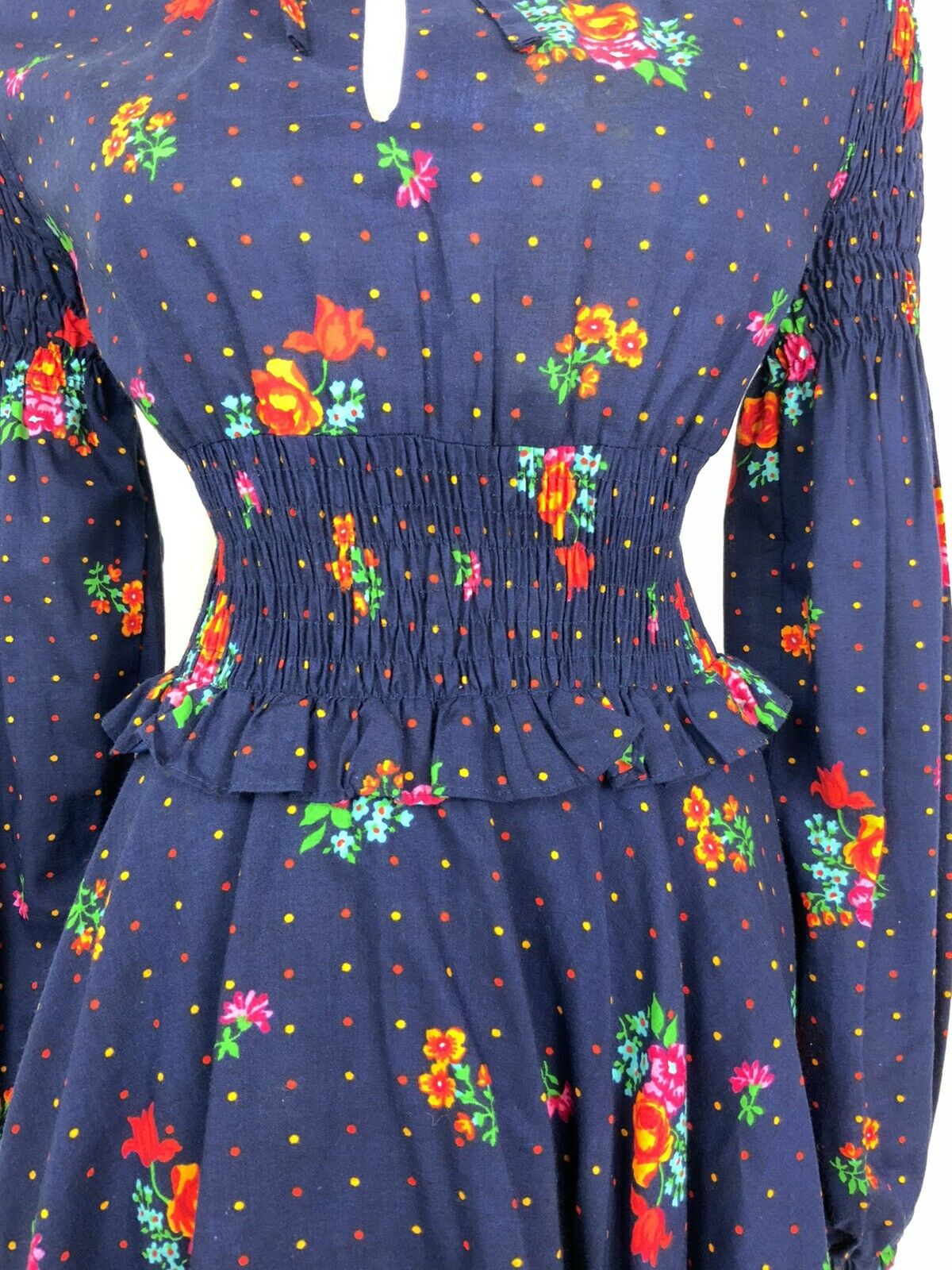 VTG 60s 70s BLUE ORANGE PINK FLORAL POLKA DOT PEPLUM RUCHED BOHO FOLK DRESS 8 10