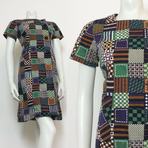 VINTAGE 60S NAVY GREEN WHITE BROWN CHECKERED COTTON MINI DRESS 12