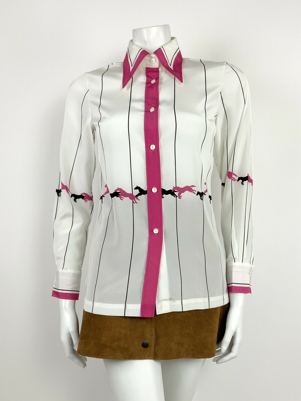 VINTAGE 60s 70s WHITE BLACK PINK STRIPED HORSES DAGGER COLLAR SHIRT 8 10