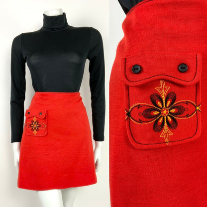 VTG 60s 70s FOLK ORANGE RED YELLOW BLACK EMBROIDERED FLORAL A-LINE SKIRT 8