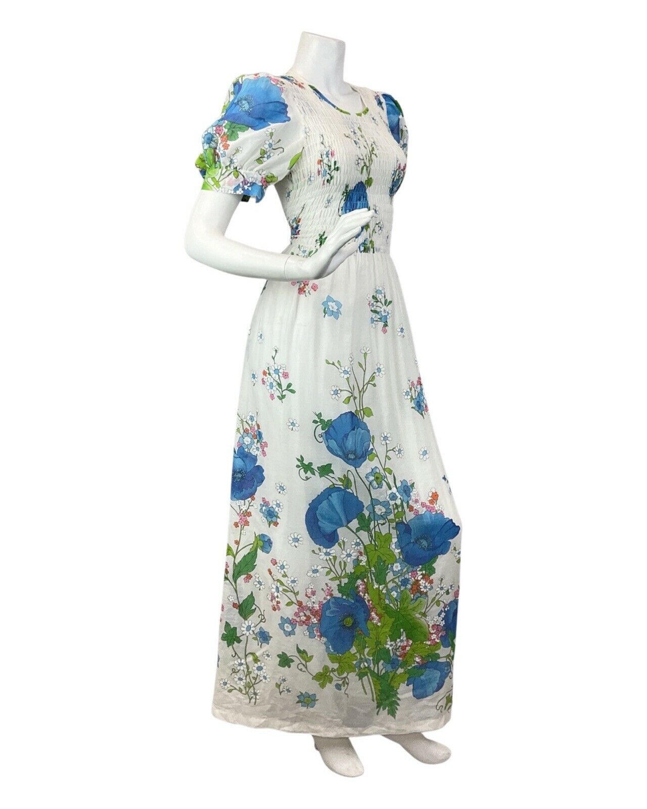 VINTAGE 60s 70s WHITE BLUE GREEN DAISY POPPY FLORAL BOHO PRAIRIE MAXI DRESS 8