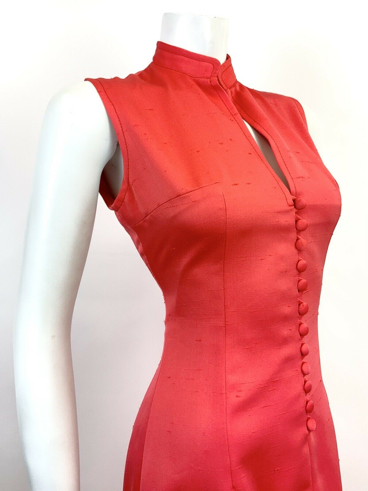 VINTAGE 60s 70s BRIGHT RED ELEGANT MANDARIN COLLAR STUDIO 54 MIDI DRESS 8 10