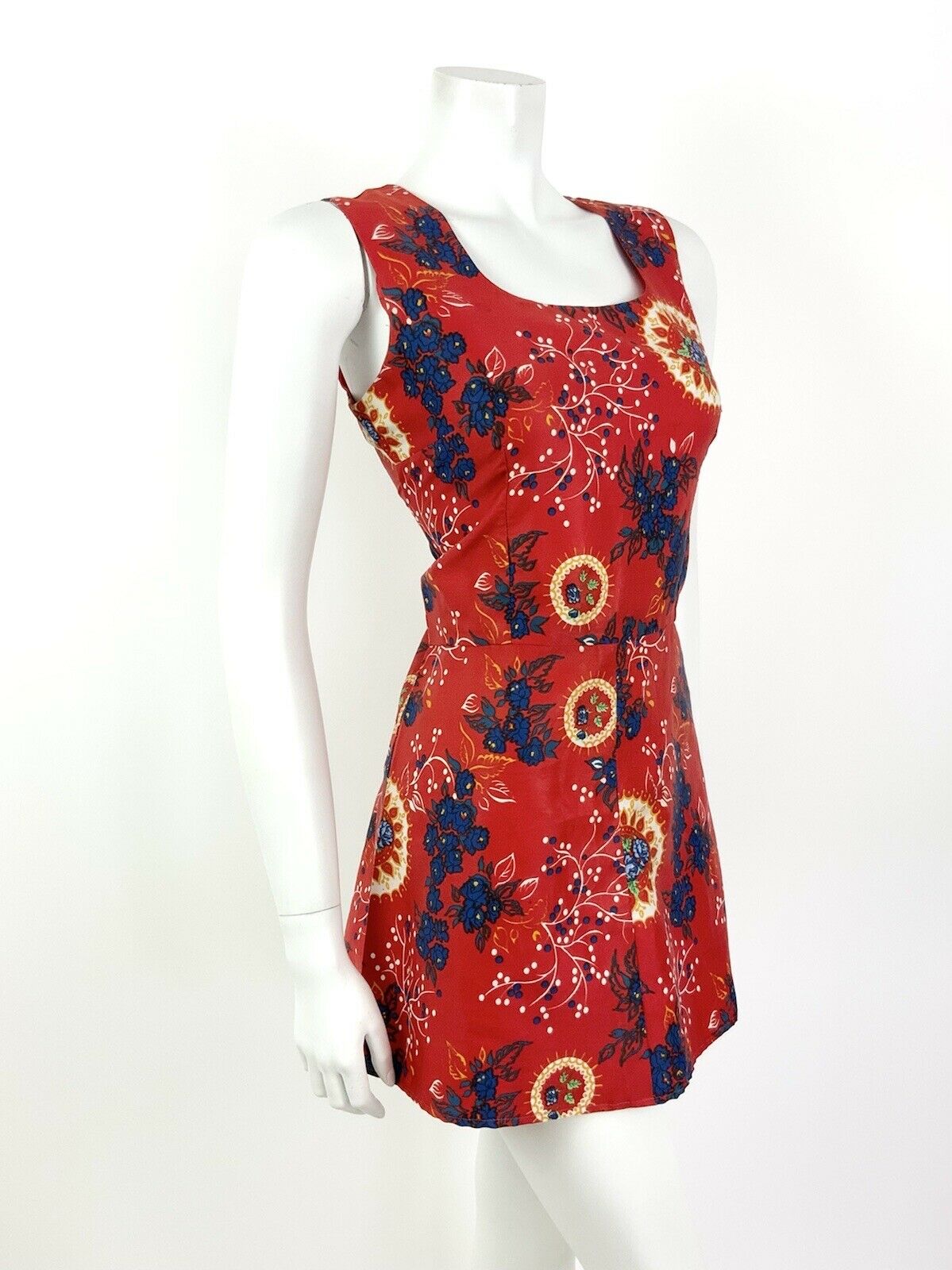 VTG 60s 70s RED BLUE GOLD FLORAL SLEEVELESS MOD SCOOTER MICRO MINI DRESS 10 12