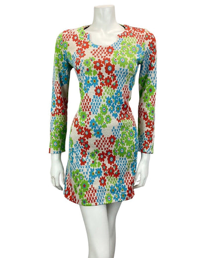 VINTAGE 60S 70S GREY RED GREEN BLUE FLORAL PRINT BOHO MOD MINI DRESS 8